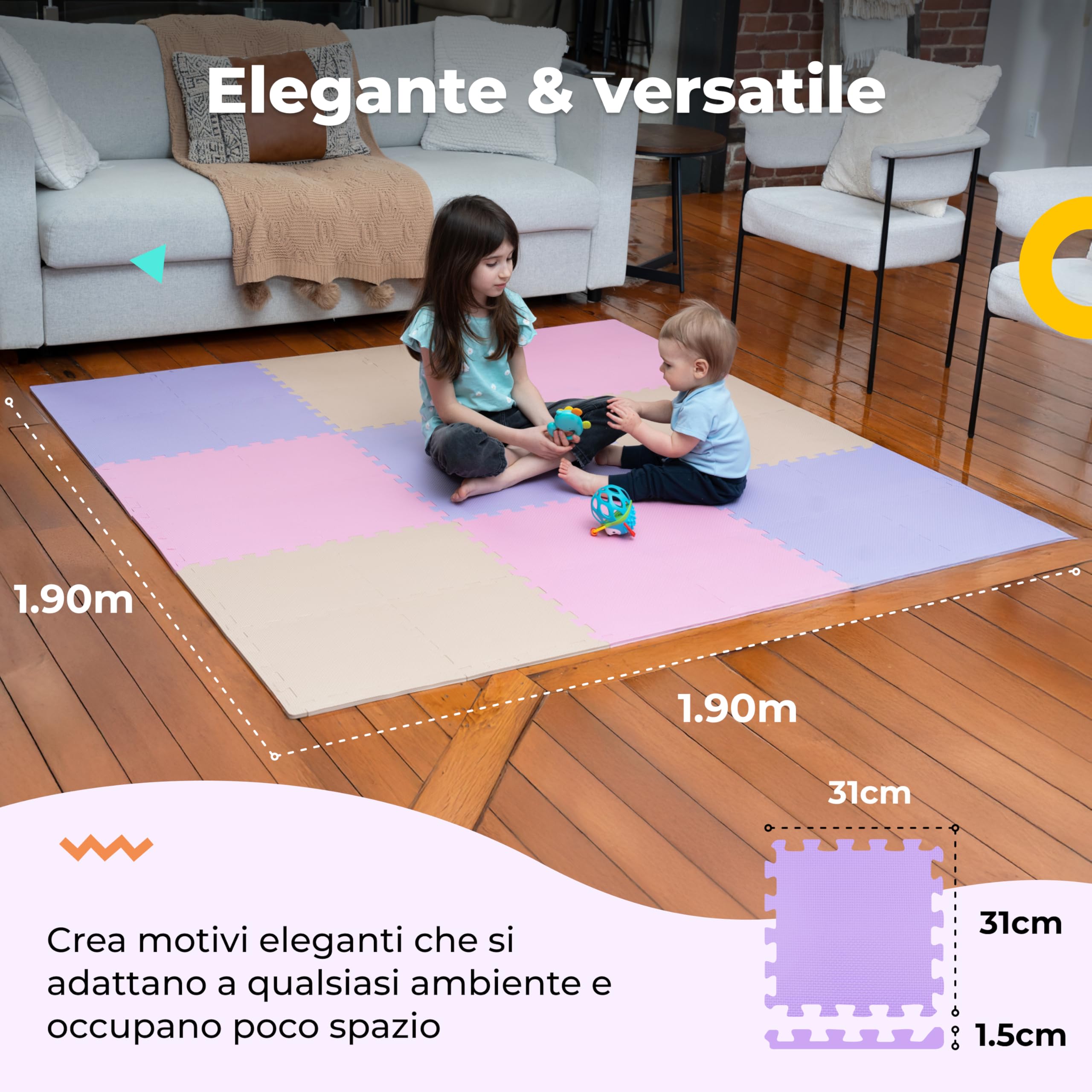 Piastrelle per pavimenti in schiuma atossiche, confortevoli, tappetino da gioco e piastrelle ad incastro 74x74 cm, per gattonare e sviluppare, morbide