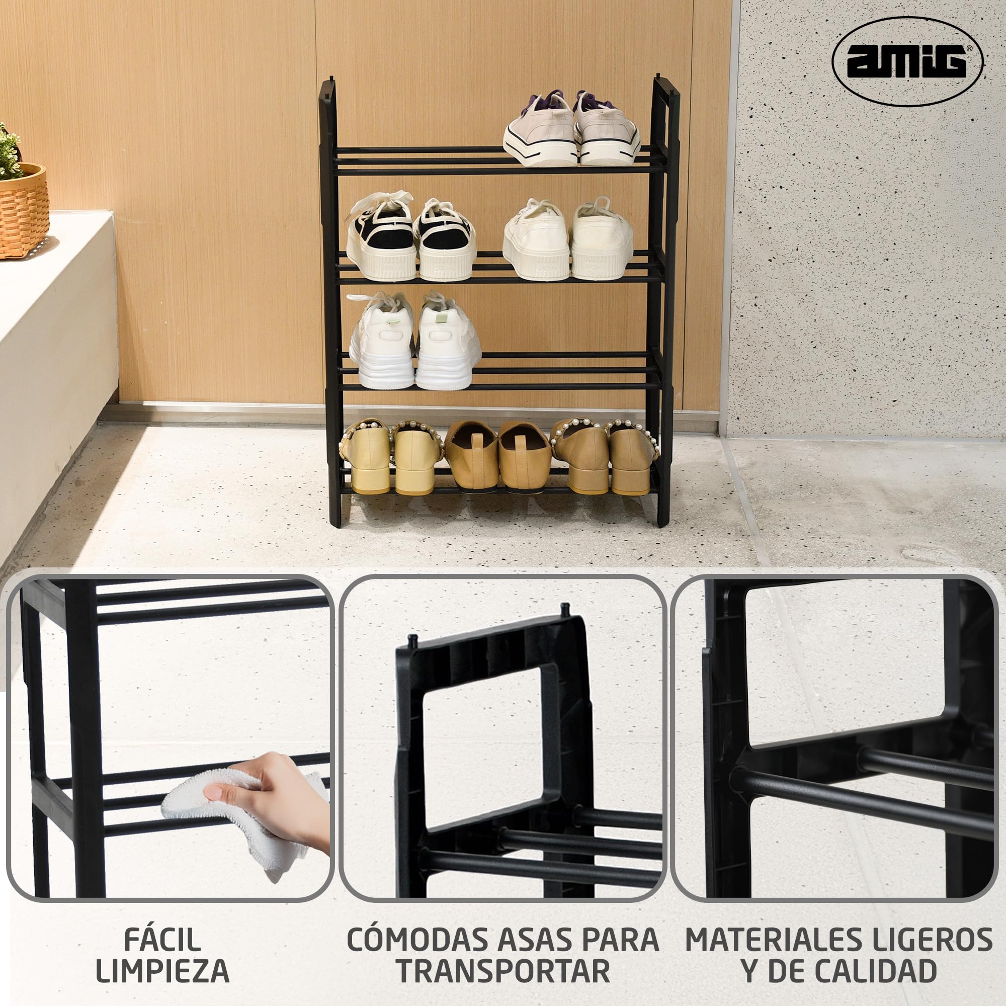 Amig 4-poziomowy regał na buty Zikan | 50 x 19 x 64,5 cm | metal i tworzywo sztuczne | czarny | modułowy stojak na buty i możliwość układania w stos, organizer na 12 par butów