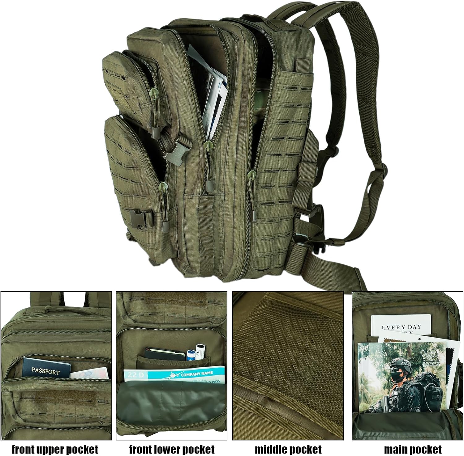 Small Tactical Backpack Assault Pack Bug Out Bag 40L Military Backpack with Molle for Hiking Hunting Rucksack Trekking (Green) - Image 6
