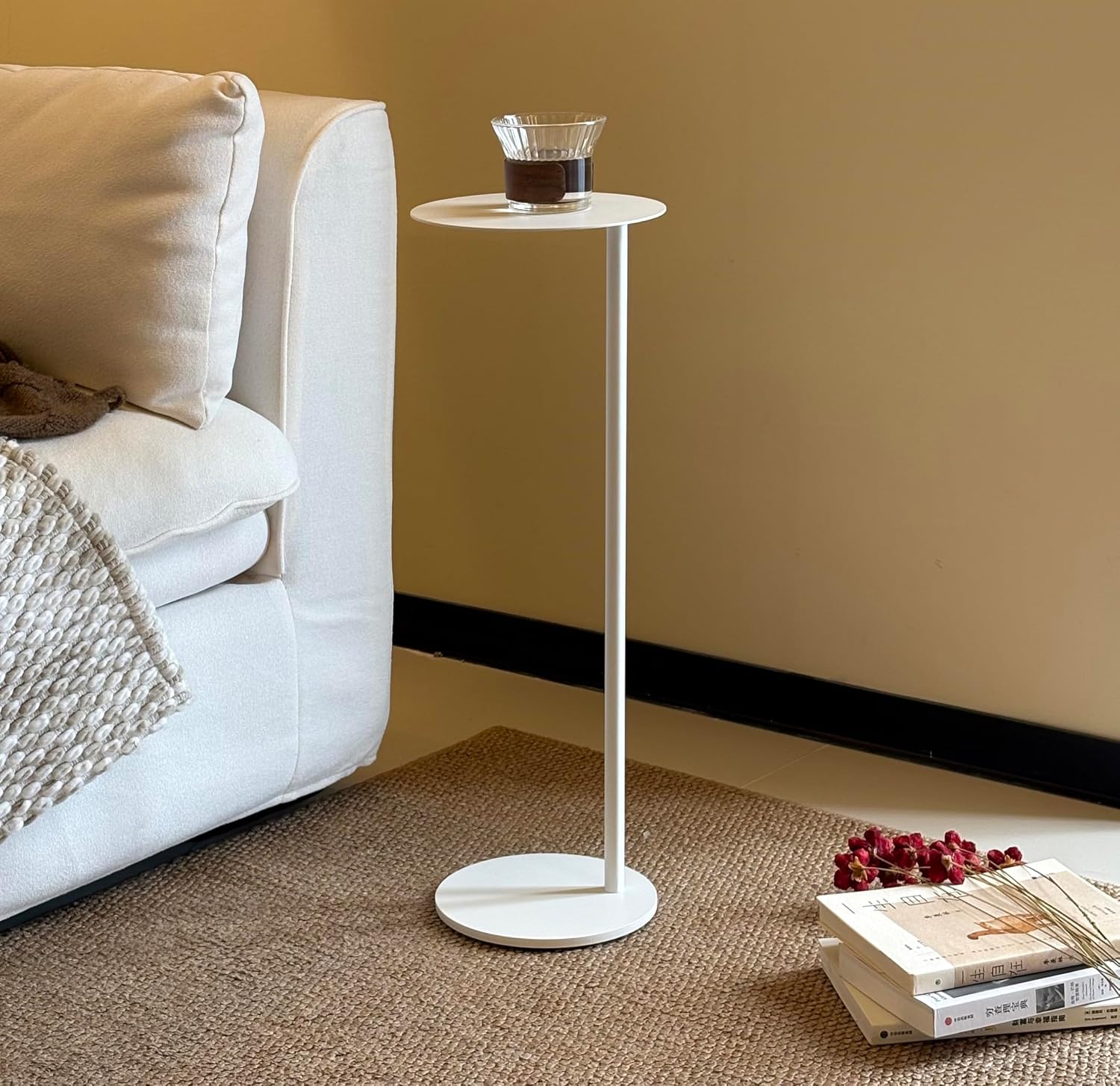 Premium Round Small Pedestal Side Table, C Shaped End Table, Mini Drink Table with Upgraded Weighted Metal Base, for Livingroom, Bedroom, Bathroom, Balcony, Small Spaces (White)