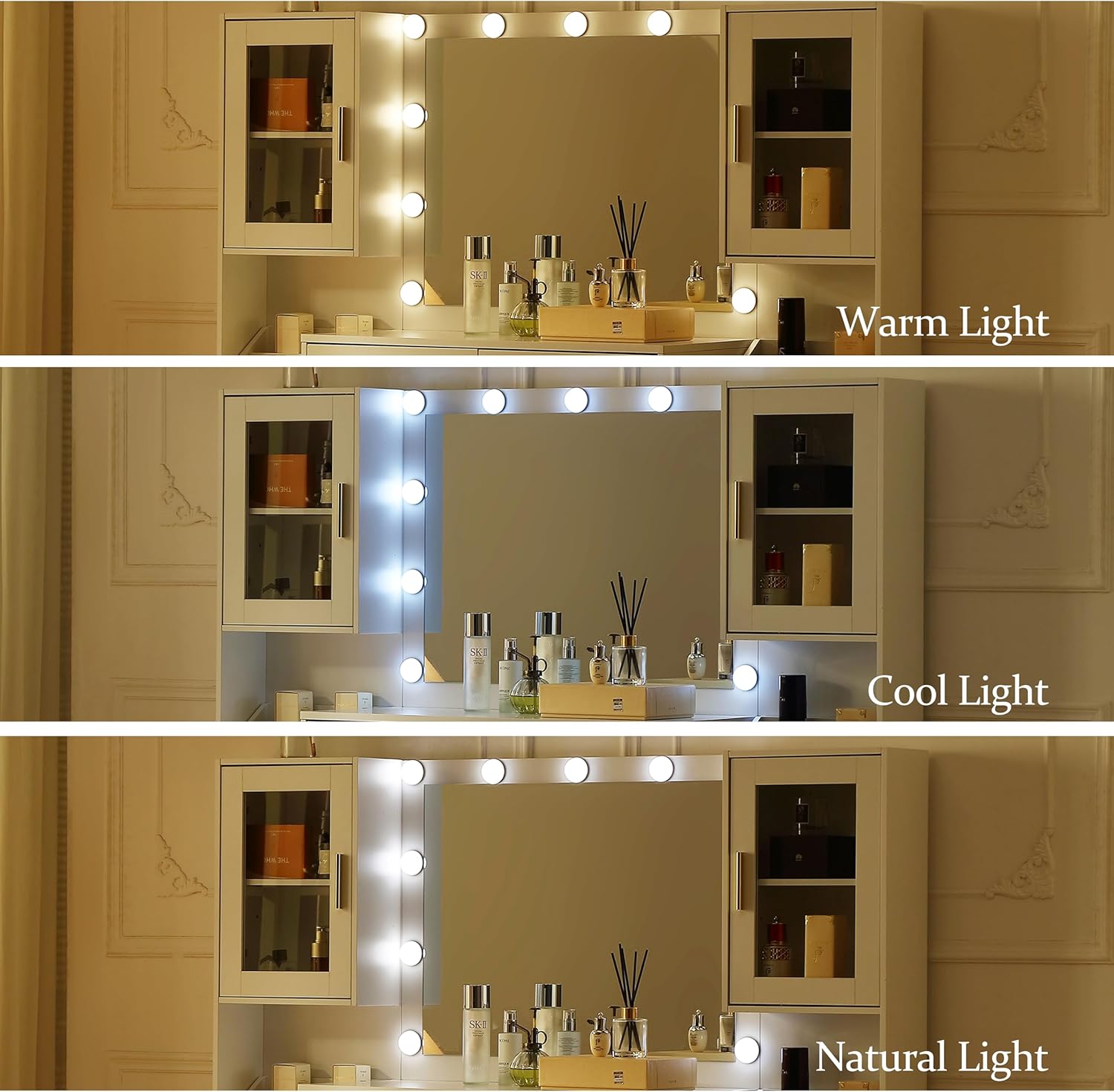 58.3'' Large Vanity with Folding Up Mirror and Lights,Makeup Vanity Desk with Mirror and Lights,Outlet, Chair and Two Makeup Organizers,Dressing Table for Bedroom,White