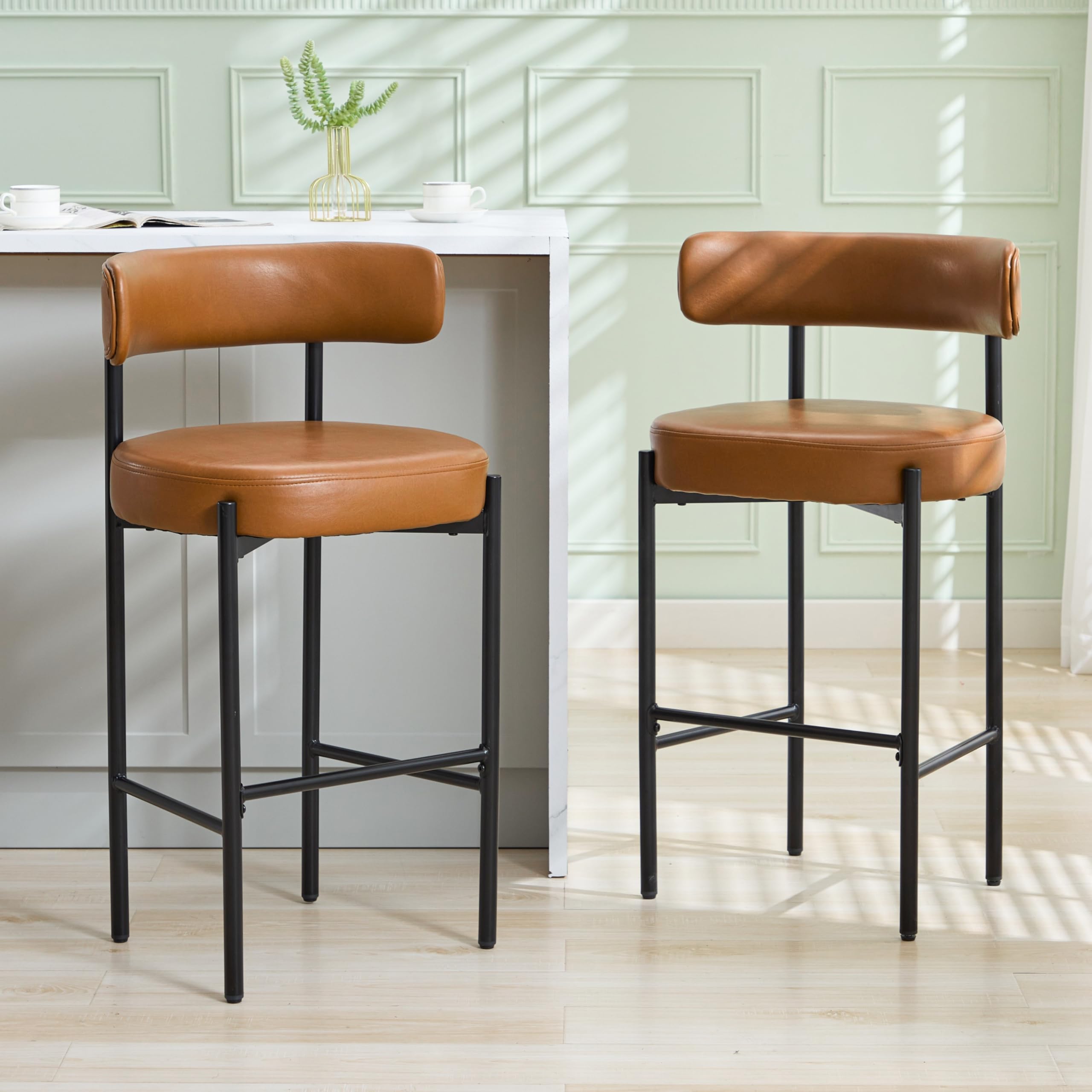 Forsalund Bar Height Stools, 28'' Brown Bar Stools Set of 2, Faux Leather Barstools with Back, Mid-Century Modern Bar Chairs for Kitchen Island,