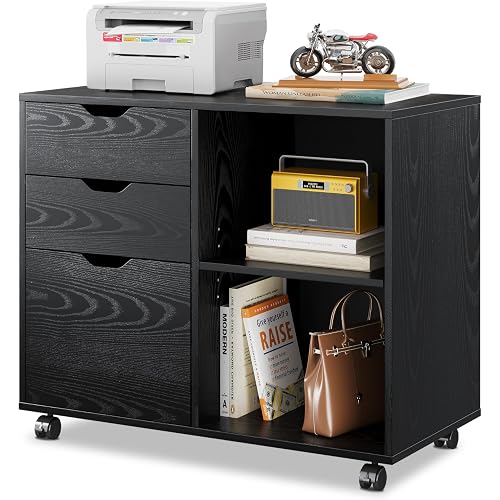 DEVAISE 3-Drawer Wood File Cabinet, Mobile Lateral Filing Cabinet, Printer Stand with Open Storage Shelves for Home Office, Black