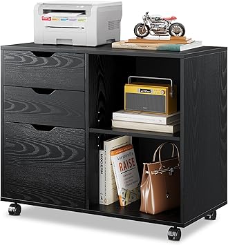 DEVAISE 3-Drawer Wood File Cabinet, Mobile Lateral Filing Cabinet, Printer Stand with Open Storage Shelves for Home Office, Black | Mobile Printer Stand, Open Storage Shelves, Letter & A4 Compatible, Wood, Home Office