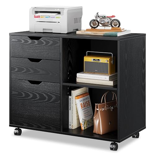 DEVAISE 3-Drawer Wood File Cabinet, Mobile Lateral Filing Cabinet, Printer Stand with Open Storage Shelves for Home Office, Black - Black - 15.7"D x 31.3"W x 24.7"H