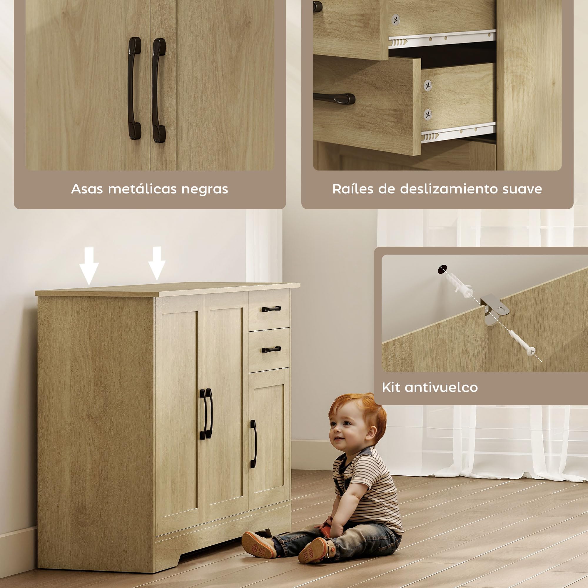 HOMCOM Aparador 3 Puertas, Aparador para Salón Rústico Moderno, con 2 Cajones, Estante Ajustable, Bisagra Cierre Suave, para Comedor, Entrada, Dormitorio, Natural, 120x38x79 cm