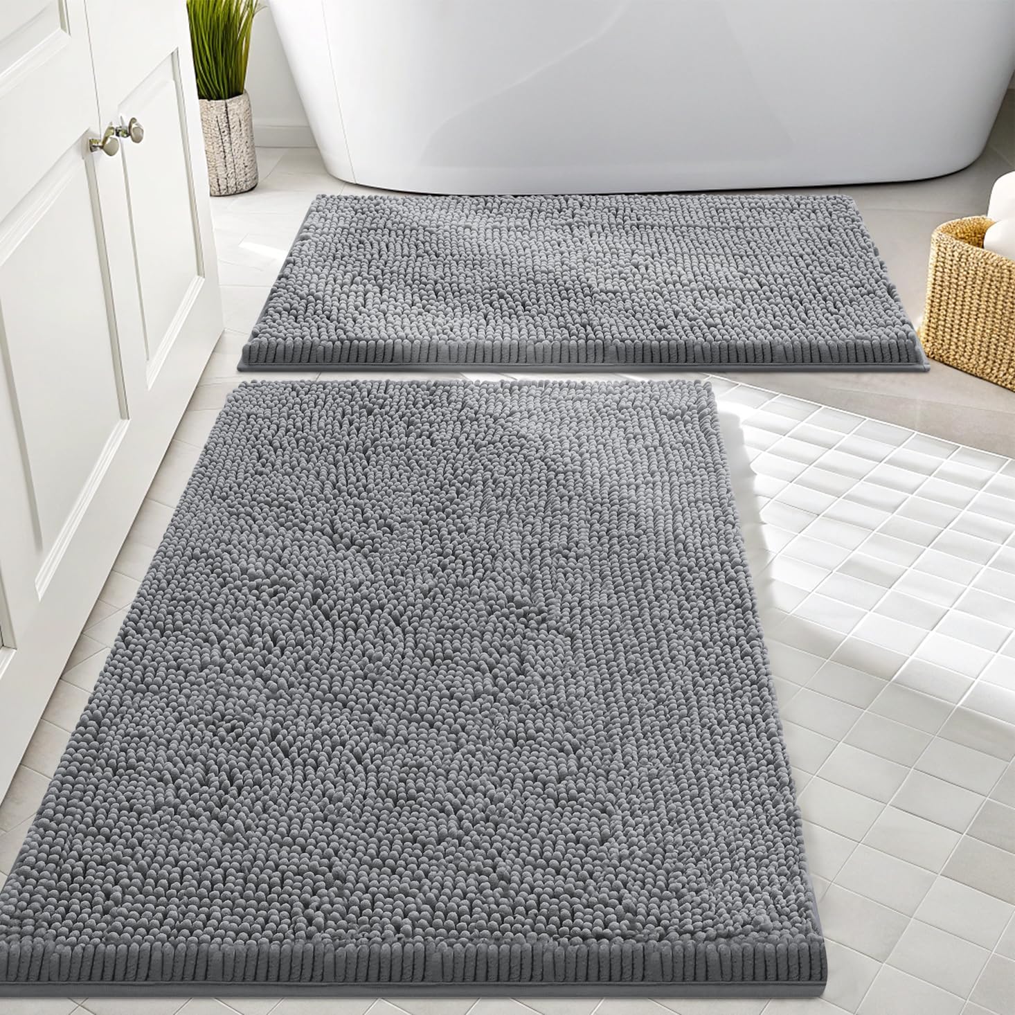 Smiry Bathroom Rugs Sets 2 Piece, Soft Absorbent Chenille Machine Washable Non Slip Shaggy Bath Rug Set for Tub, Shower, and Floor (30x20+24x16, Grey)