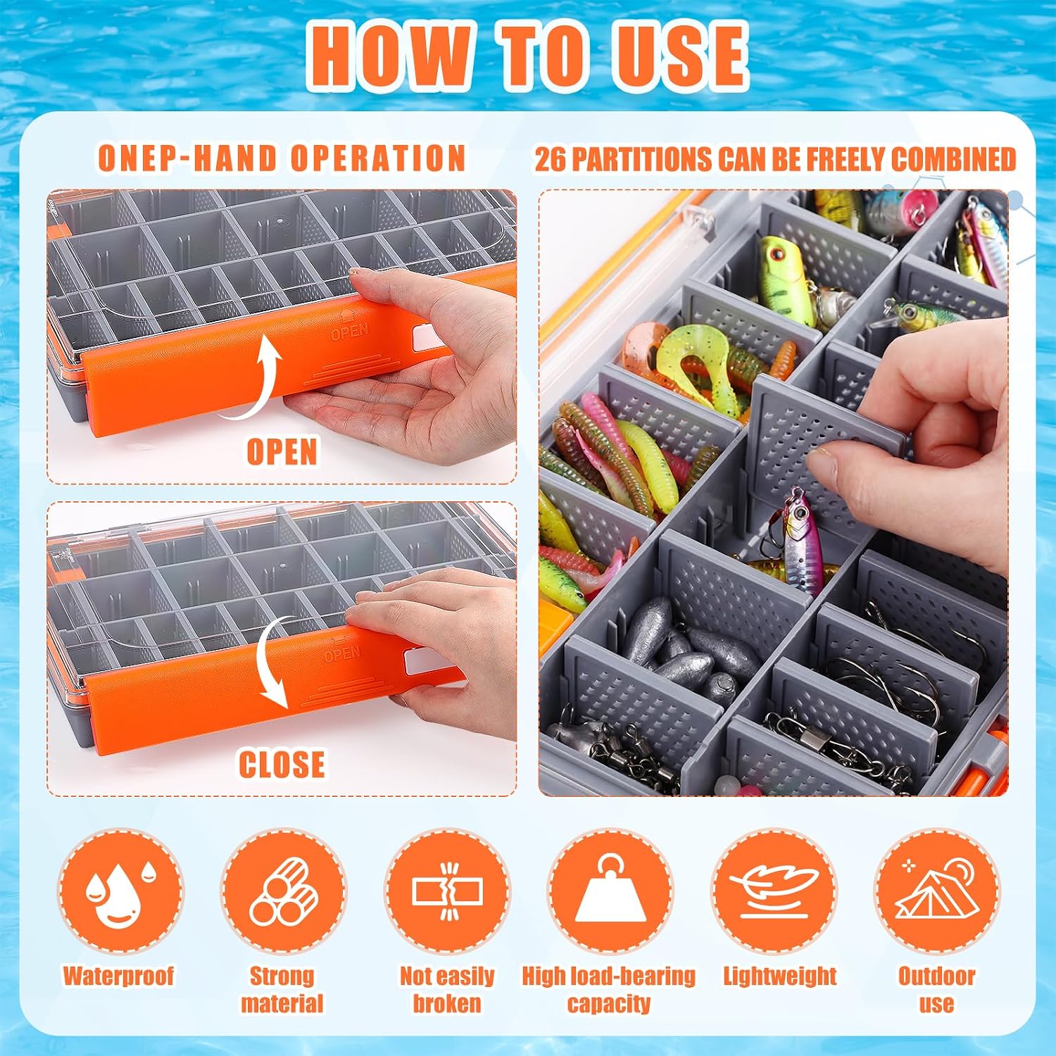 Junkin 6 Pack 3700 Fishing Tackle Boxes Waterproof, Large Orange Lure Organizer Trays with Custom Dividers, Airtight Tackle Storage Case for Saltwater Baits, Swimbaits & Boat Bag Accessories