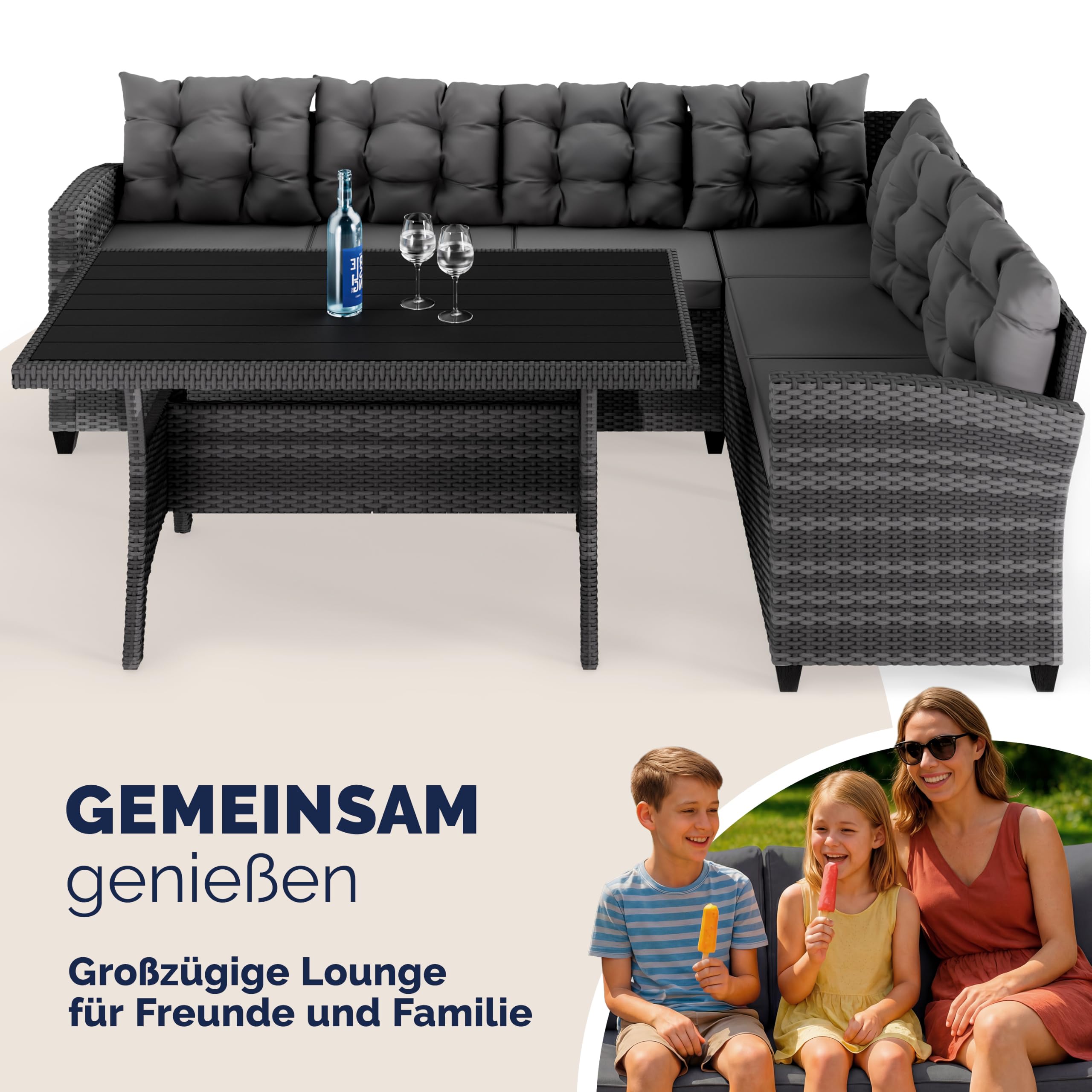 Casaria® Polyrattan Ecklounge Set WPC Esstisch Ecksofa inkl. 7 cm Sitzauflagen 15 cm Kissen Wetterfest Outdoor Lounge Garten Terrasse Balkon Möbel Grau