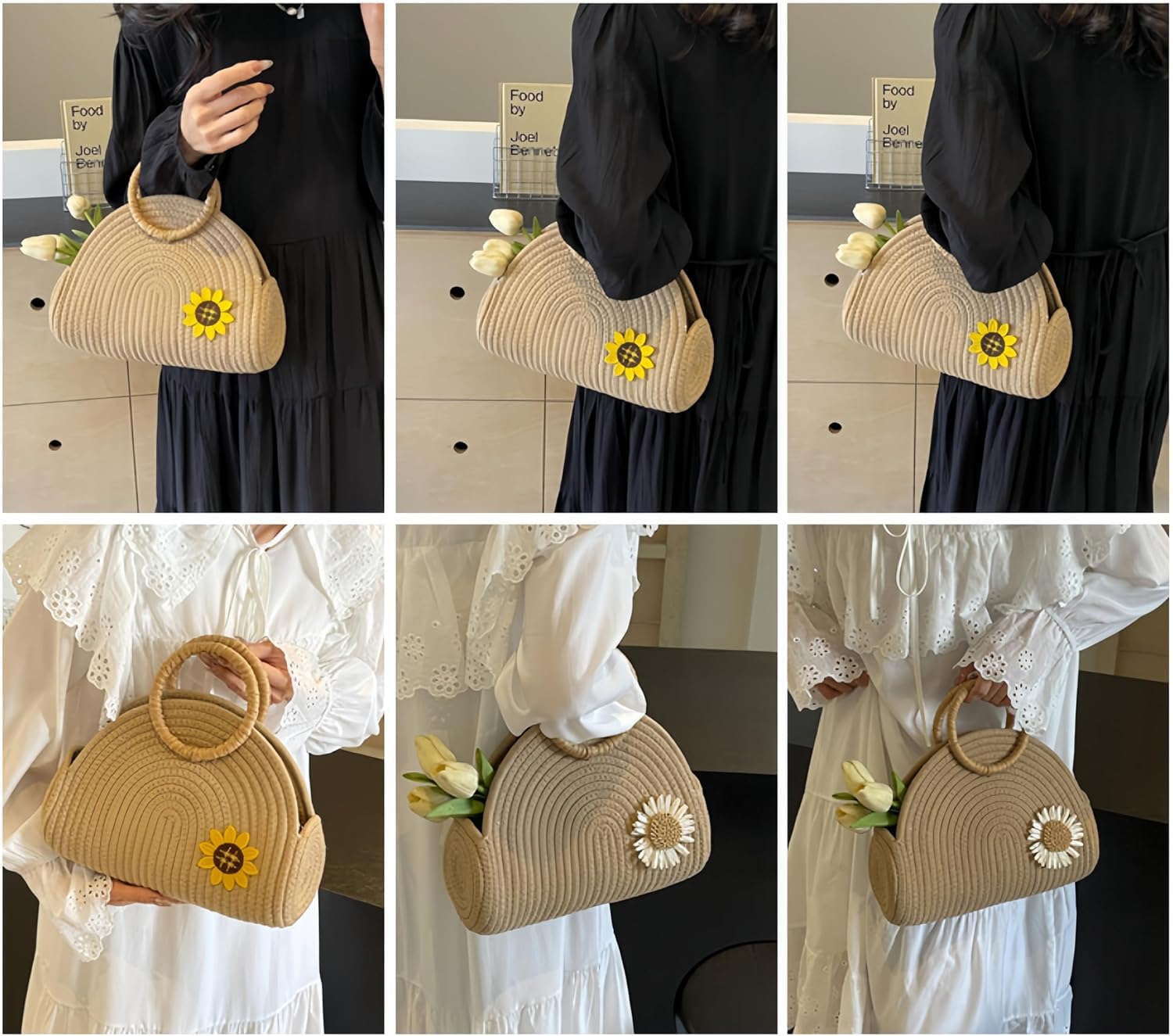 Straw Bag with Sunflower Decoration, Women Summer Beach Shoulder Top Handle Crossbody Purse, Ladies' Tote Woven Bucket Bag