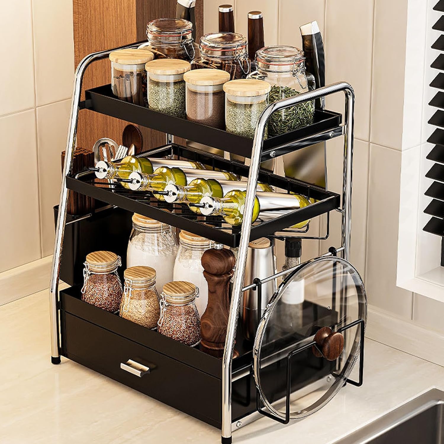 プルアウトドロッカーフックとカップ付きの多目的キッチンシェルフストレージラック効率的なストレージホーム組織のためのカップ