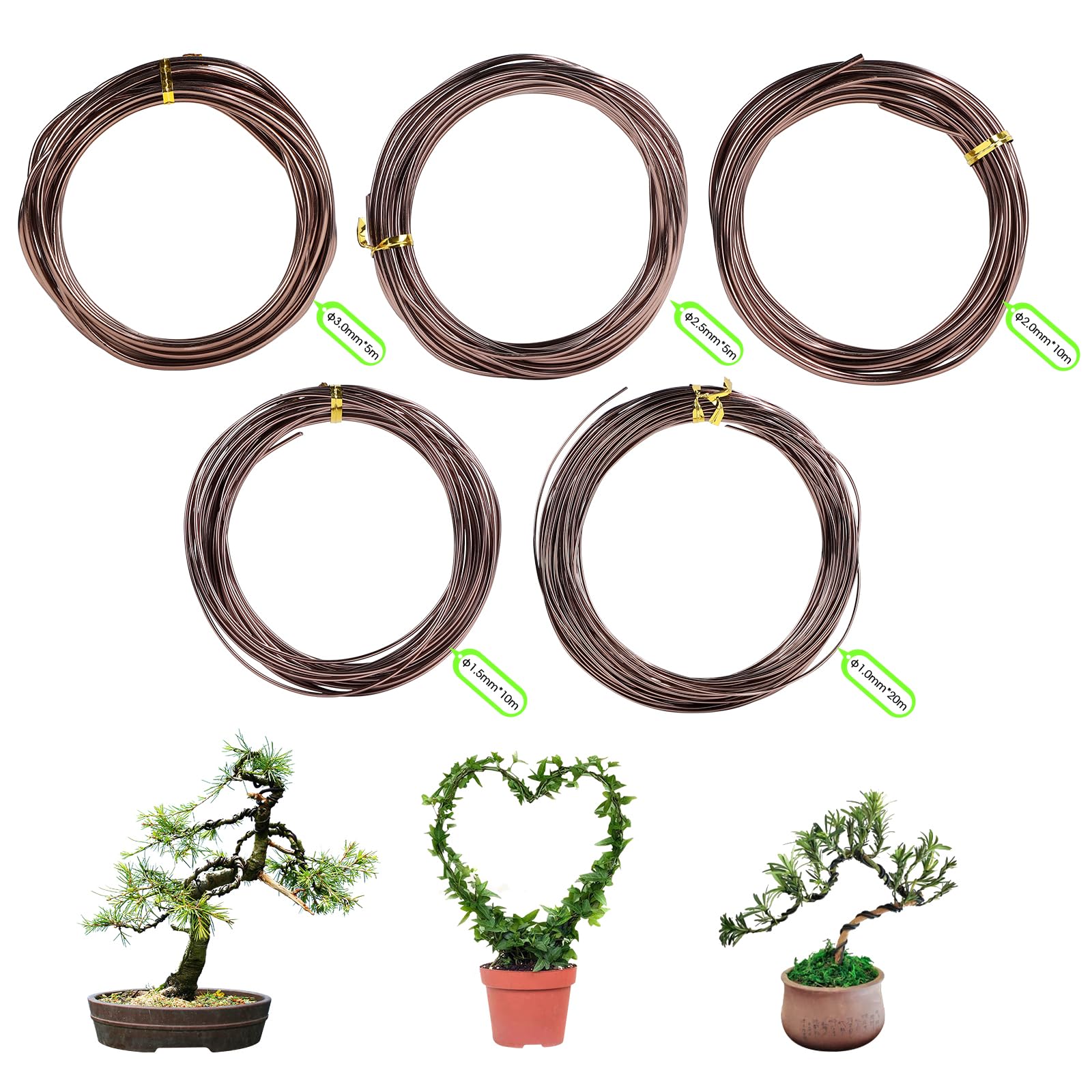 Filo per bonsai, in alluminio, per bonsai, per il fissaggio di piante, filo bonsai in alluminio anodizzato, 5 rotoli da 5 misure (1/1,5/2/2,5/3 mm), per un totale di 164 piedi