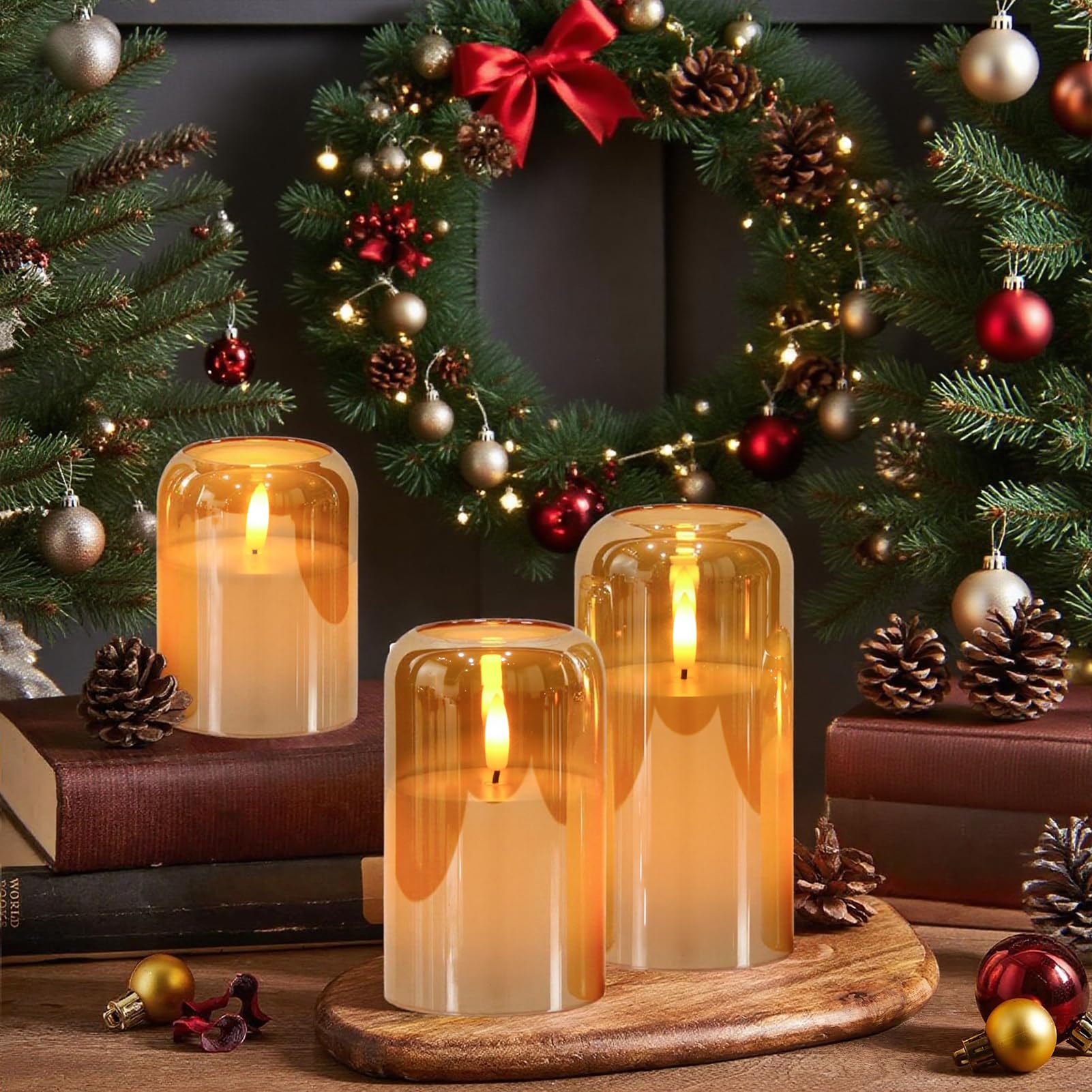 GenSwin Candele senza fiamma in vetro dorato con timer remoto, candele a batteria con fiamma tremolante, candela a colonna in vetro e vera cera a LED, per Halloween, Natale, decorazione della casa