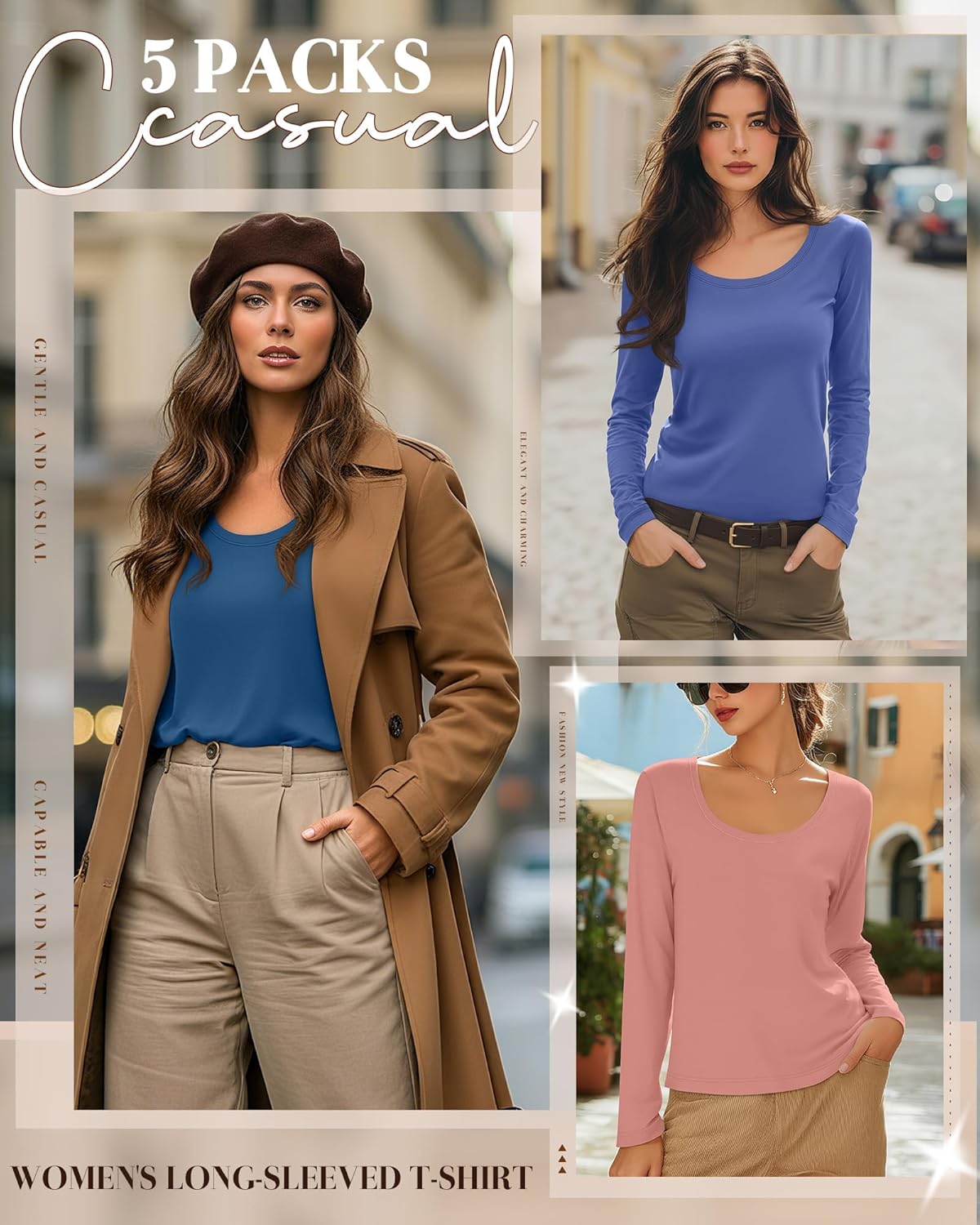 5 Pack Women's Long Sleeve Shirts Scoop Neck Tops Loose Fit Tshirt Pullover Undersh... - Image 5