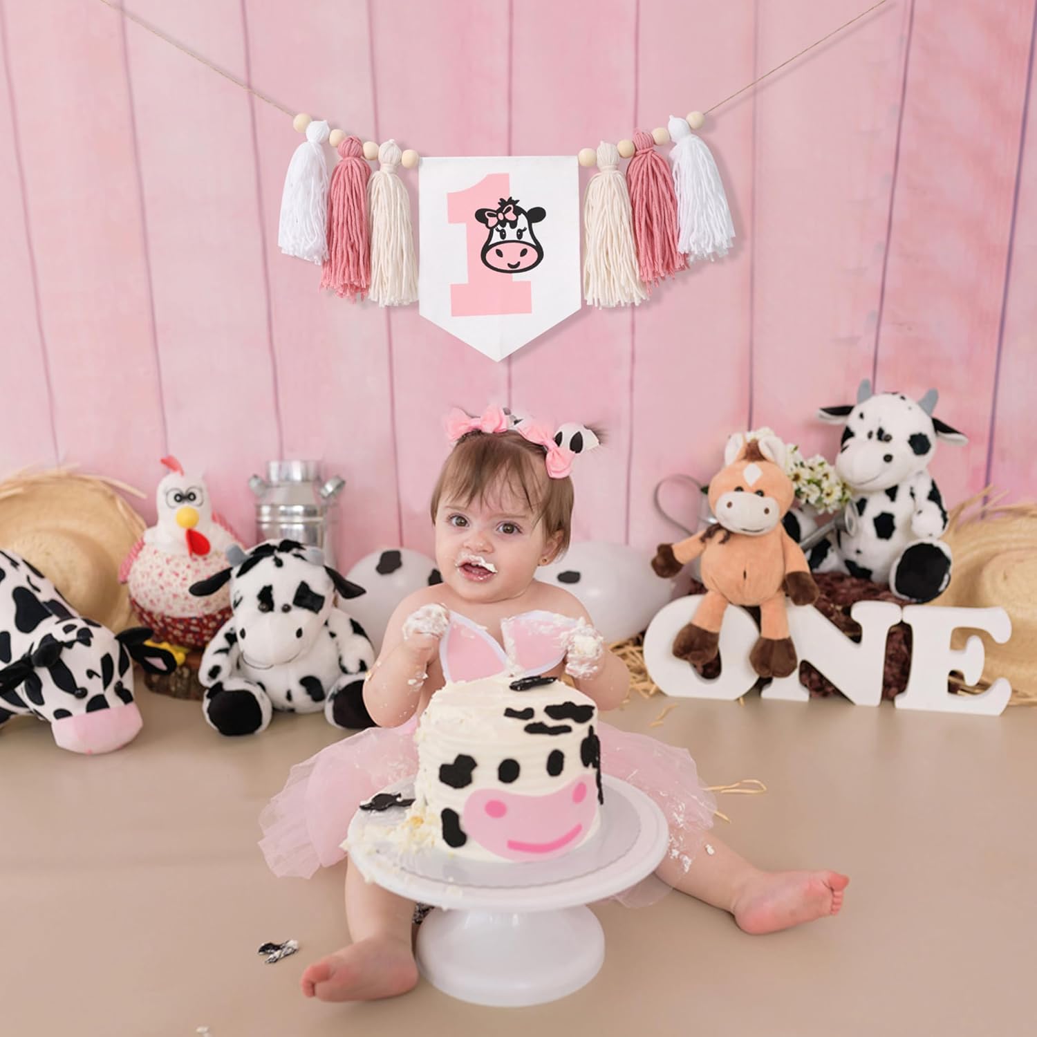 Cow Tassel 1st Highchair Banner - Cow 1st Birthday Party Decorations,Girl First Birthday Tassel High Chair Banner,Western Farm Animal Theme Party Decor,Farm Cow One Birthday Banner(White Cow Tassel)