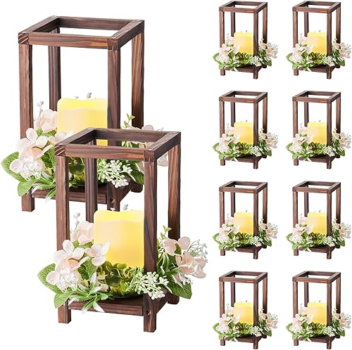 VEVOR Juego de 1030 centros de mesa de madera para bodas, incluye 10 faroles de madera, 10 velas LED sin llama, 10 coronas de flores de champán para