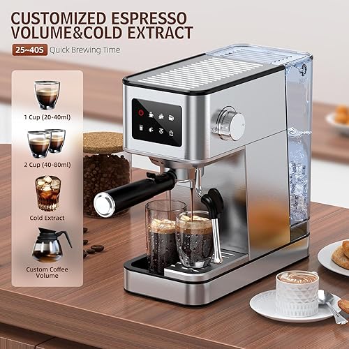 Miniatura 4 de Máquina de café expreso con espumador de leche, cafetera compacta de 20 bares con pantalla táctil y tanque de agua extraíble de 57.5 onzas para el