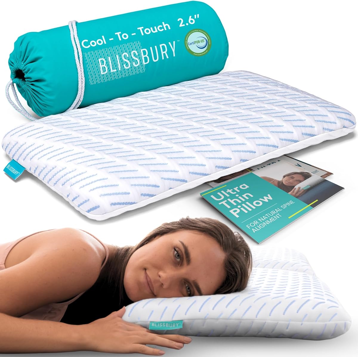 BLISSBURY Cooling Memory Foam Pillow, 2.6 Inch Thin, for Stomach & Back Sleeper, Queen Size, Removable Cool-Tech Cover, CertiPUR-US Certified