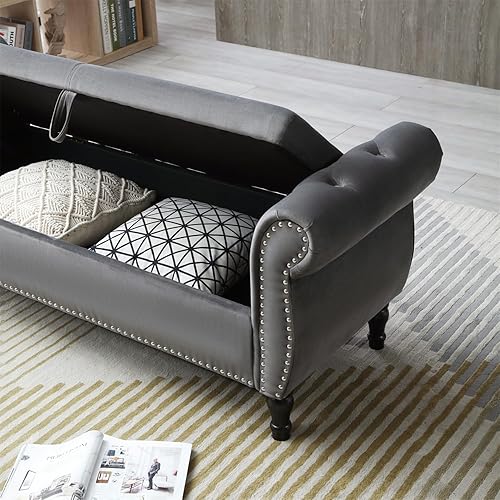 Miniatura 20 de HMFULE Taburete rectangular de almacenamiento multifuncional de 63 pulgadas, patas de madera maciza, banco tapizado de terciopelo con 1 almohada