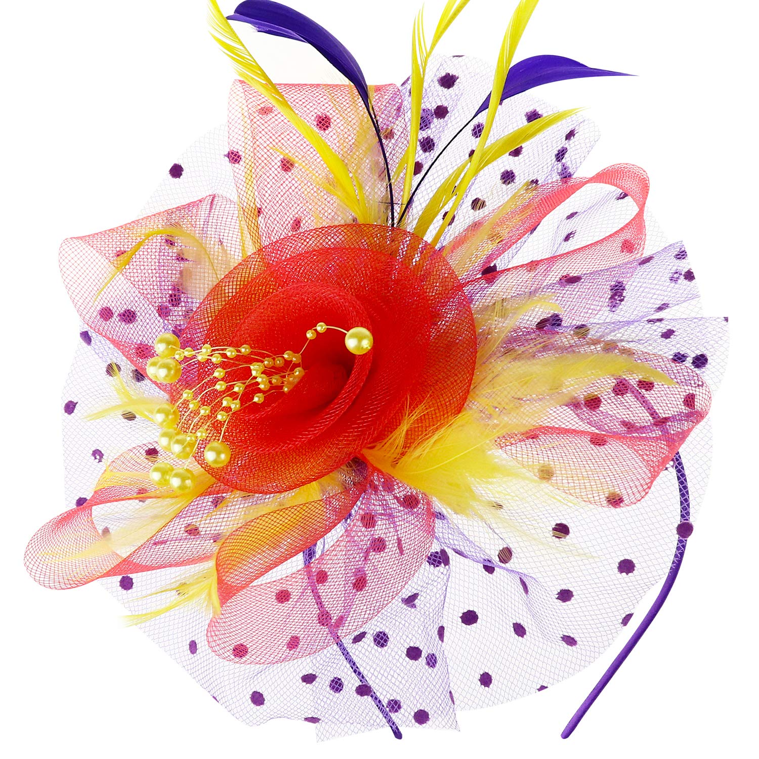 DRESHOW Fascinators Hat Flower Mesh Ribbons Feathers on a Headband and a Clip Tea Party Headwear for Girls and Women