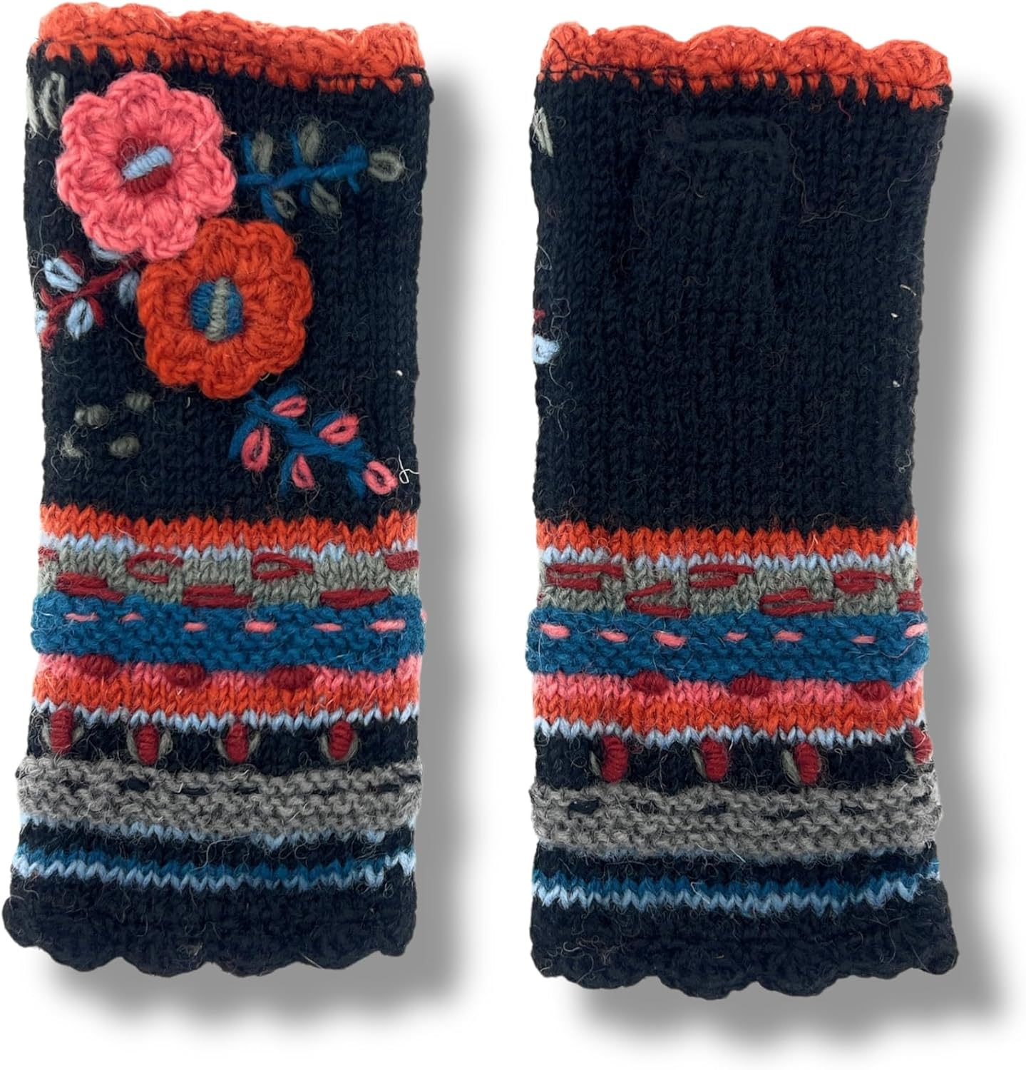 Ella Sussman Hand Knit Fingerless Embroidered 2 Flower Gloves Embroidered Wool Fleece Lined Texting Mittens Arm Warmers