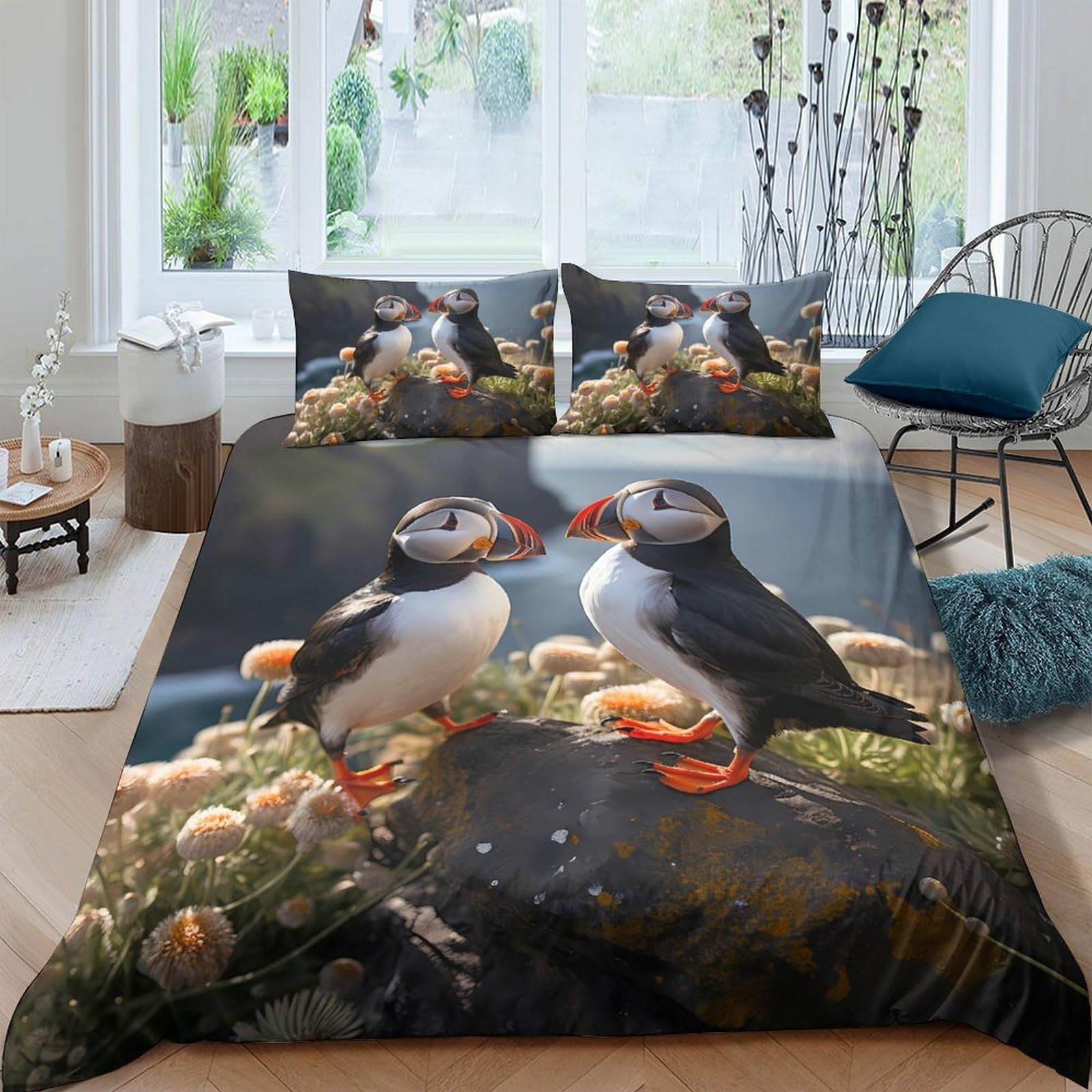 Ctjqhvkz Style-1 3D Printed Puffin Ocean Fitted Sheet Microfiber Soft Breathable Seaside Bird Mattress Cover For Bedroom Decor Single（135X200cm）