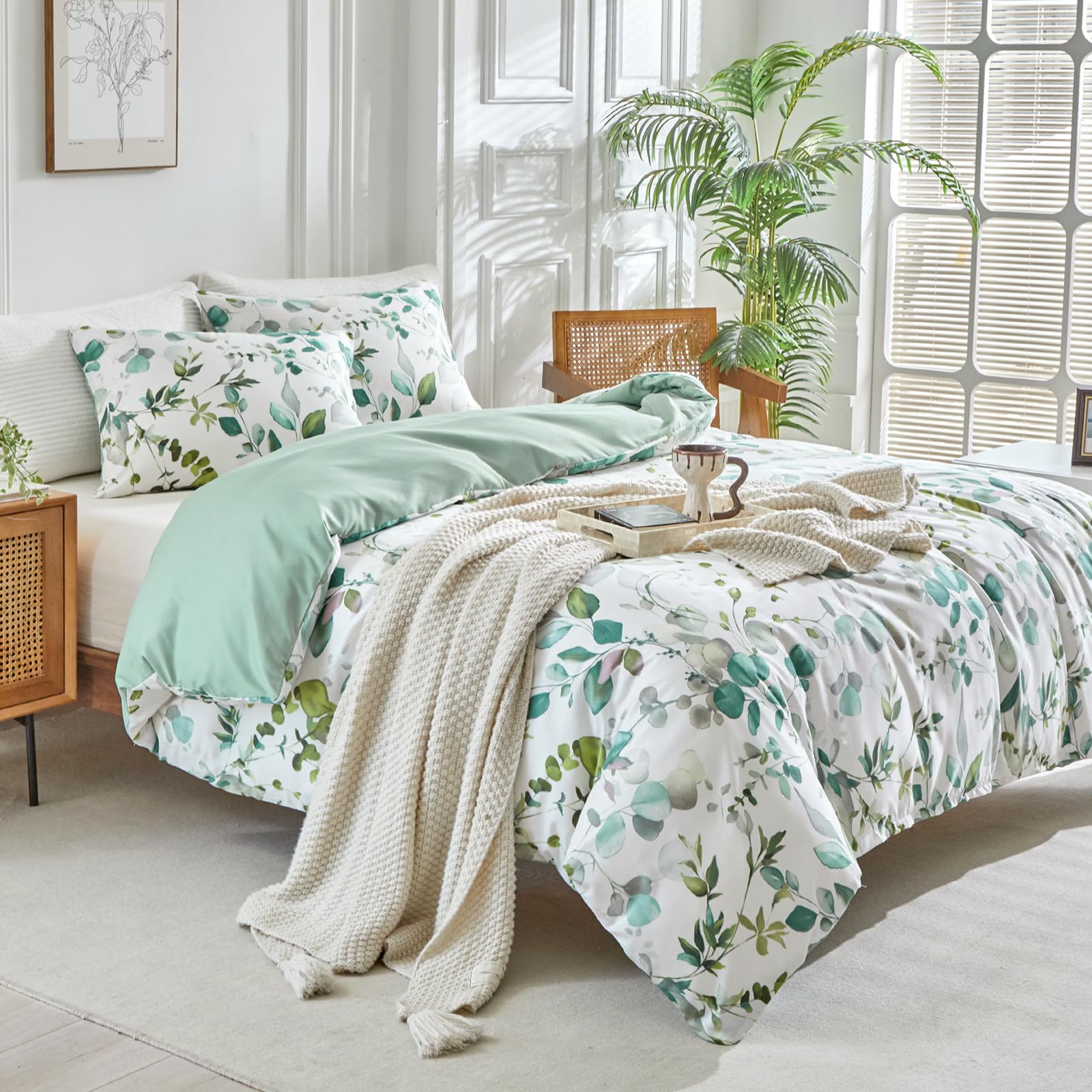 Tokokimo Copripiumino 200 x 200 cm, con 2 federe 65 x 65 cm, motivo floreale disegnato a mano, biancheria da letto 200 x 200 – 100% microfibra, con chiusura lampo, colore verde scuro