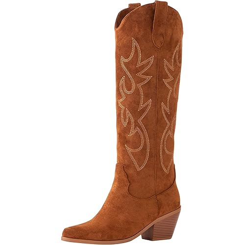 Foklysp Women's Cowboy Boots Classic Embroidered Almond Shaped Pointed Toe Pull-On Boots