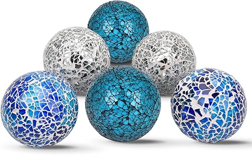6Pcs Decorative Ball Set - 6cm/2.4inch Mosaic Glass Orbs Centerpiece Balls Decoration for Tables, Wedding Party (Mixed Color)