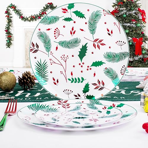 Miniatura 7 de Liacere 150 platos de plástico de Navidad, platos de plástico verde y rojo, platos de fiesta de Navidad incluyen 60 platos de bayas de acebo, 90