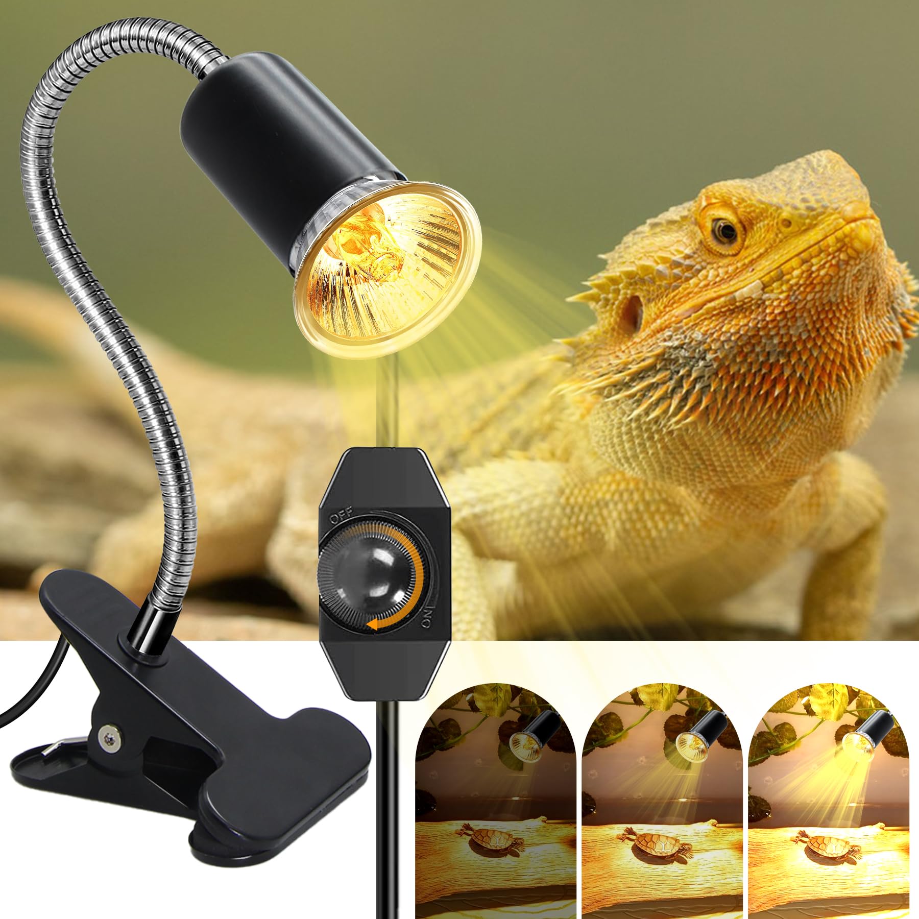 Tortoise Heat Lamp,E27 UVA/UVB Reptile Heat Lamp,360°Flexible Rotating Chick Heat Lamp with Ceramic Bulb Holder,Dimmable Plant Growth Lamp, Metal Clip