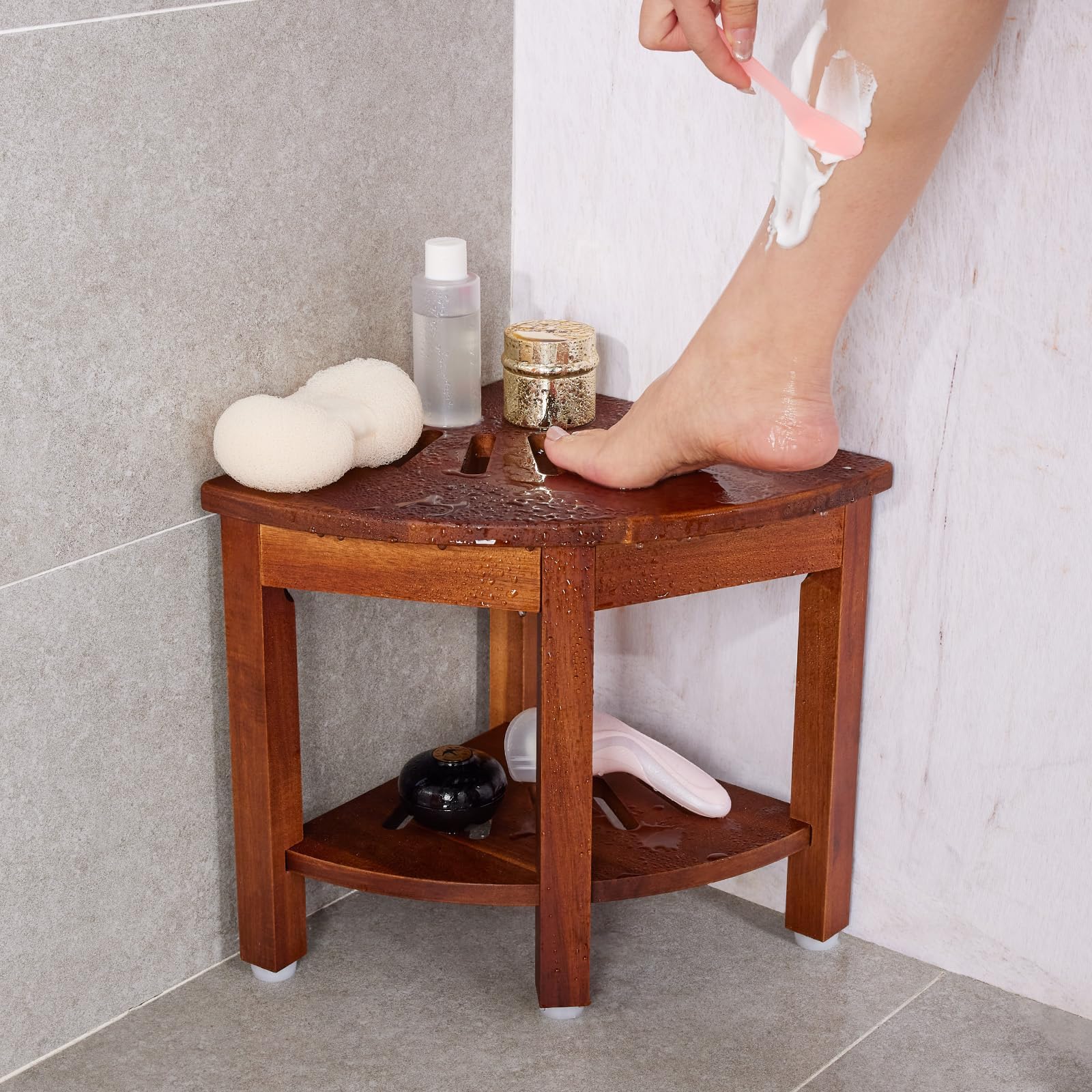 Sgabello da doccia angolare per gambe da barba, sgabelli angolari in teak per doccia interna, panca da bagno e doccia, poggiapiedi con ripiano portaoggetti per piccoli spazi doccia