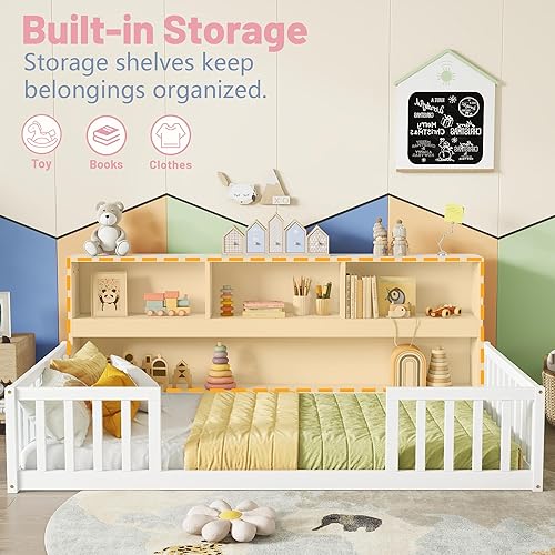 Miniatura 2 de Cama de suelo de tamaño individual para niños, camas Montessori de madera con rieles de valla y estantes de almacenamiento, marco de cama infantil