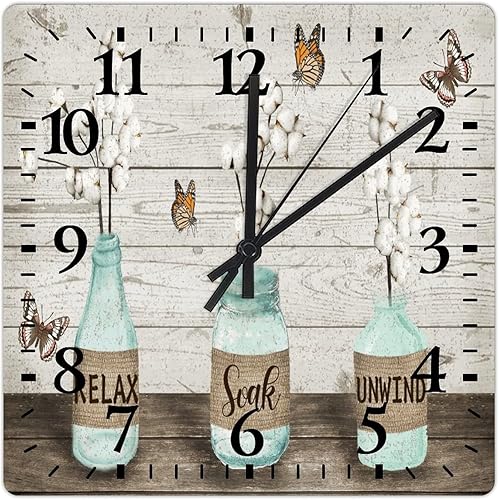 Miniatura 2 de Relax Soak Unwind - Reloj de pared de 10 pulgadas, ramo floral de algodón blanco en jarrón rústico, reloj silencioso de cuarzo sin tictac, funciona