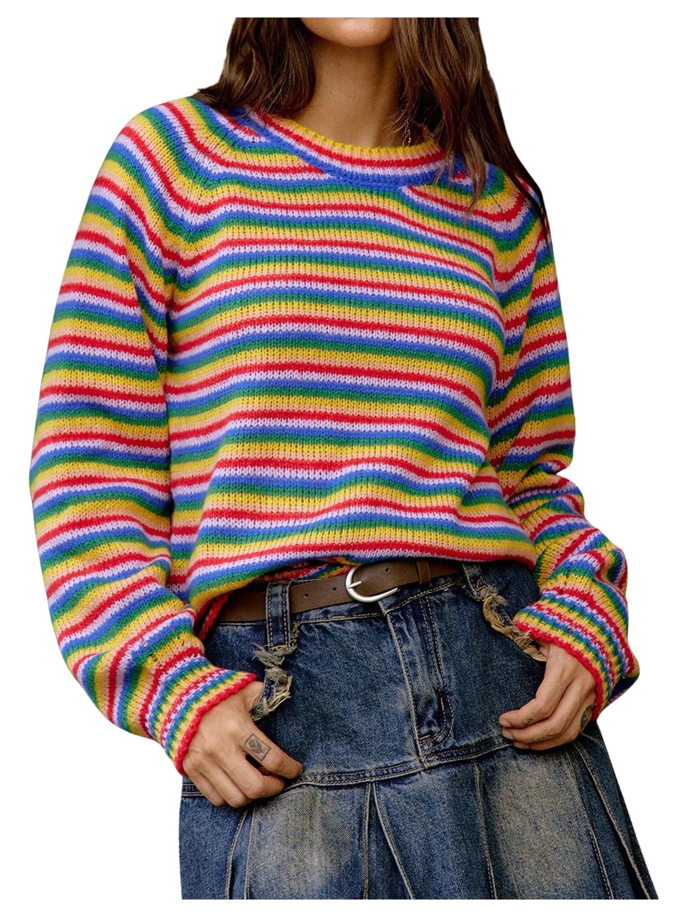 OYOANGLE Womens Rainbow Sweater Striped Raglan Long Sleeve Crewneck Pullover Sweaters Fall Tops