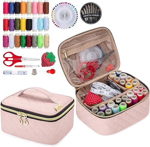 LoDrid Kit de costura, bolsa de franela portátil con suministros completos de costura para viajes y hogar, kit de reparación de costura para