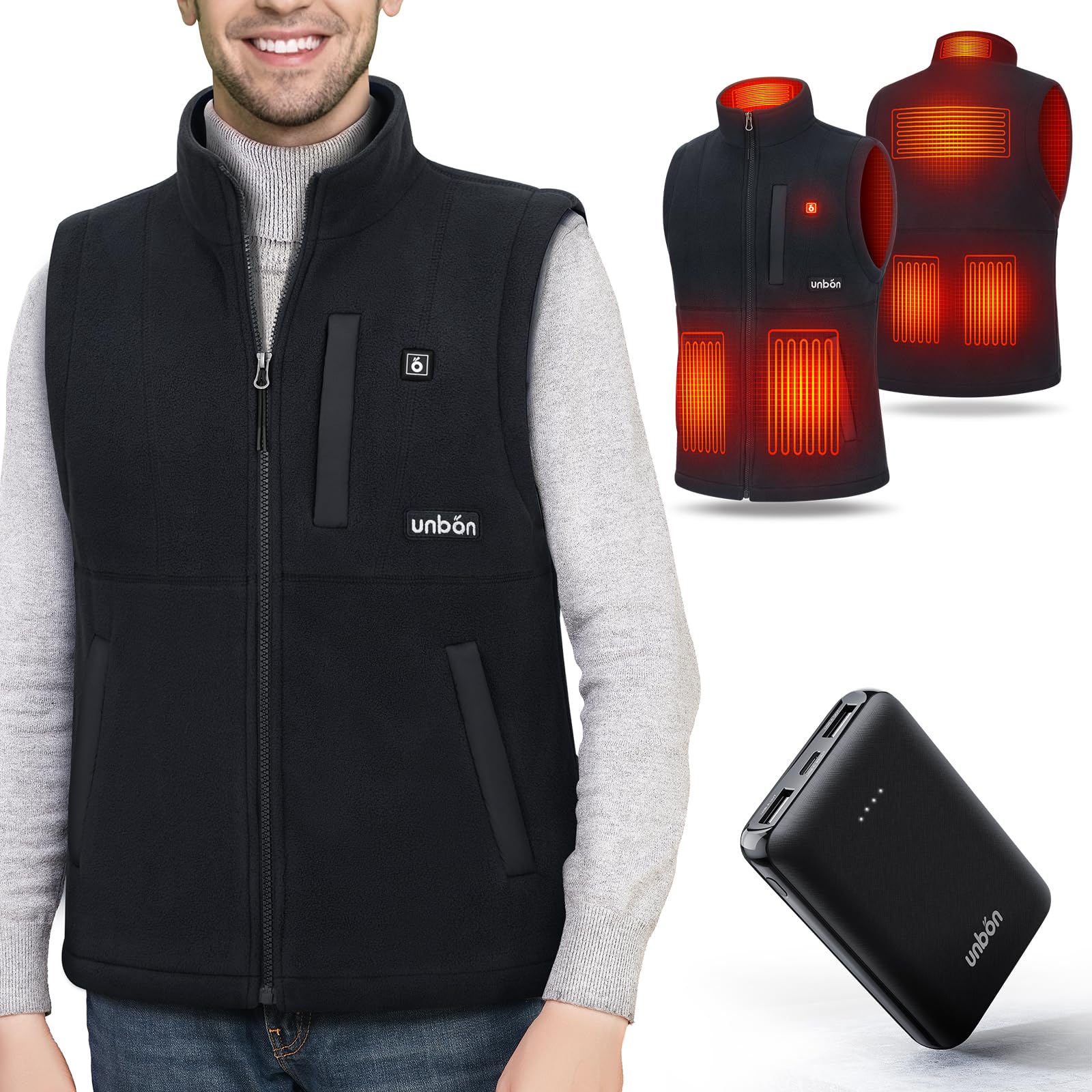 UNBON Gilet Riscaldato Uomo con Batteria USB 10000mAh, Giubbotto Riscaldato Uomo con 3 Temperatura 6 Zone di Calore, Gilet Riscaldante Pile Elettrico, Giacca Riscaldata per Moto Caccia