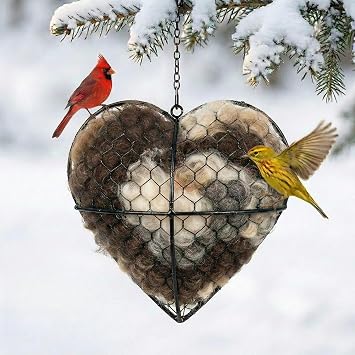 Handmade Alpaca Fiber Bird Nesting Heart - Refillable Bird Nesting Material Holder with Alpaca Wool for Bird Nesting - Outdoor Garden Dispenser & Nesting Material for Wild Birds 1 Set