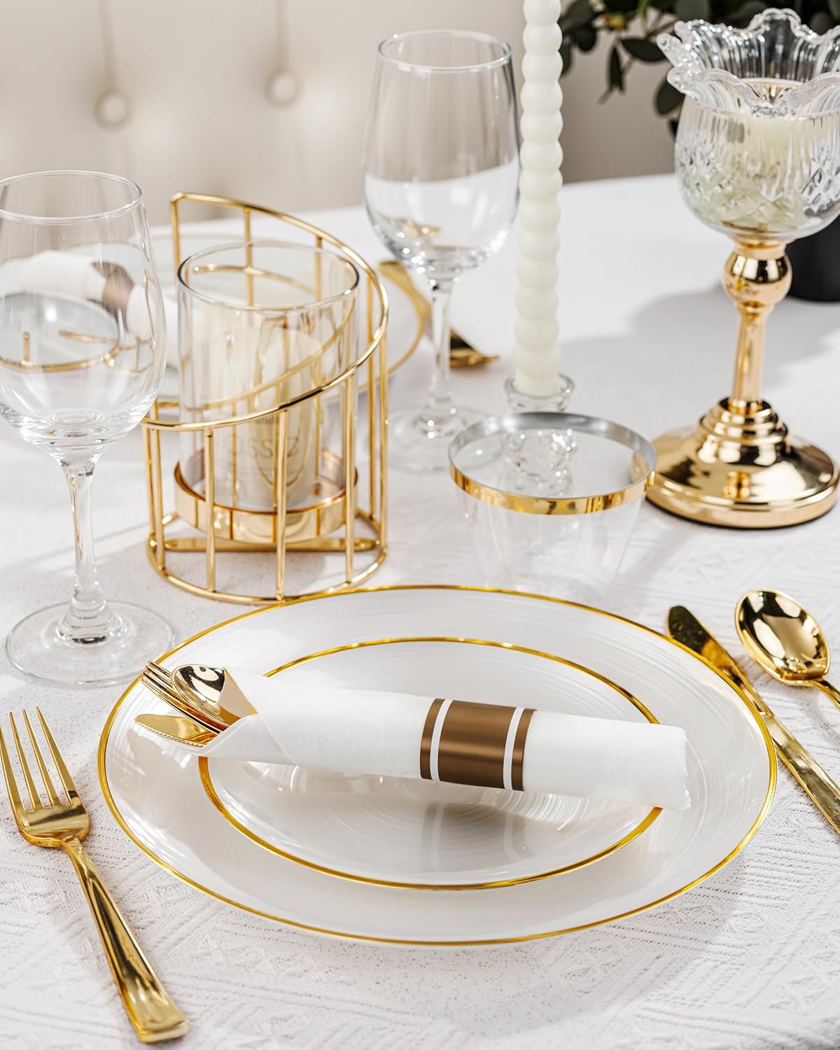 Morejoy 350PCS Pearl White and Gold Plastic Plates - Disposable Gold Party Plates & Pre Rolled Napkins with Cutlery for 50 Guests, 100Plates, 150Silverware, 50Cups, 50Napkin for Party & Thanksgiving - Image 4