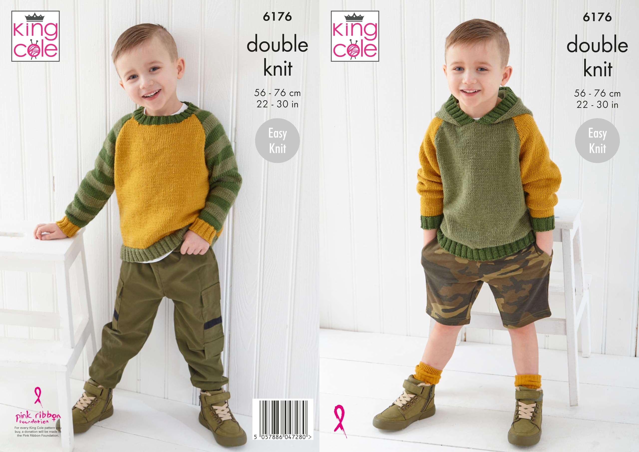 King Cole Boy's Easy Knitting Pattern, Double Knit Sweater and Hoodie (6176), 22” – 30” (56cm – 76cm)