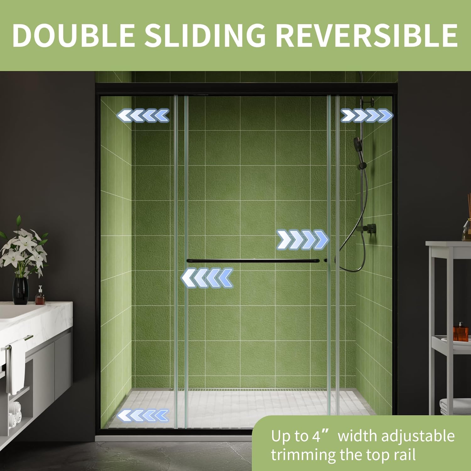 Diagram showing the double sliding reversible feature and adjustable width of the shower door.