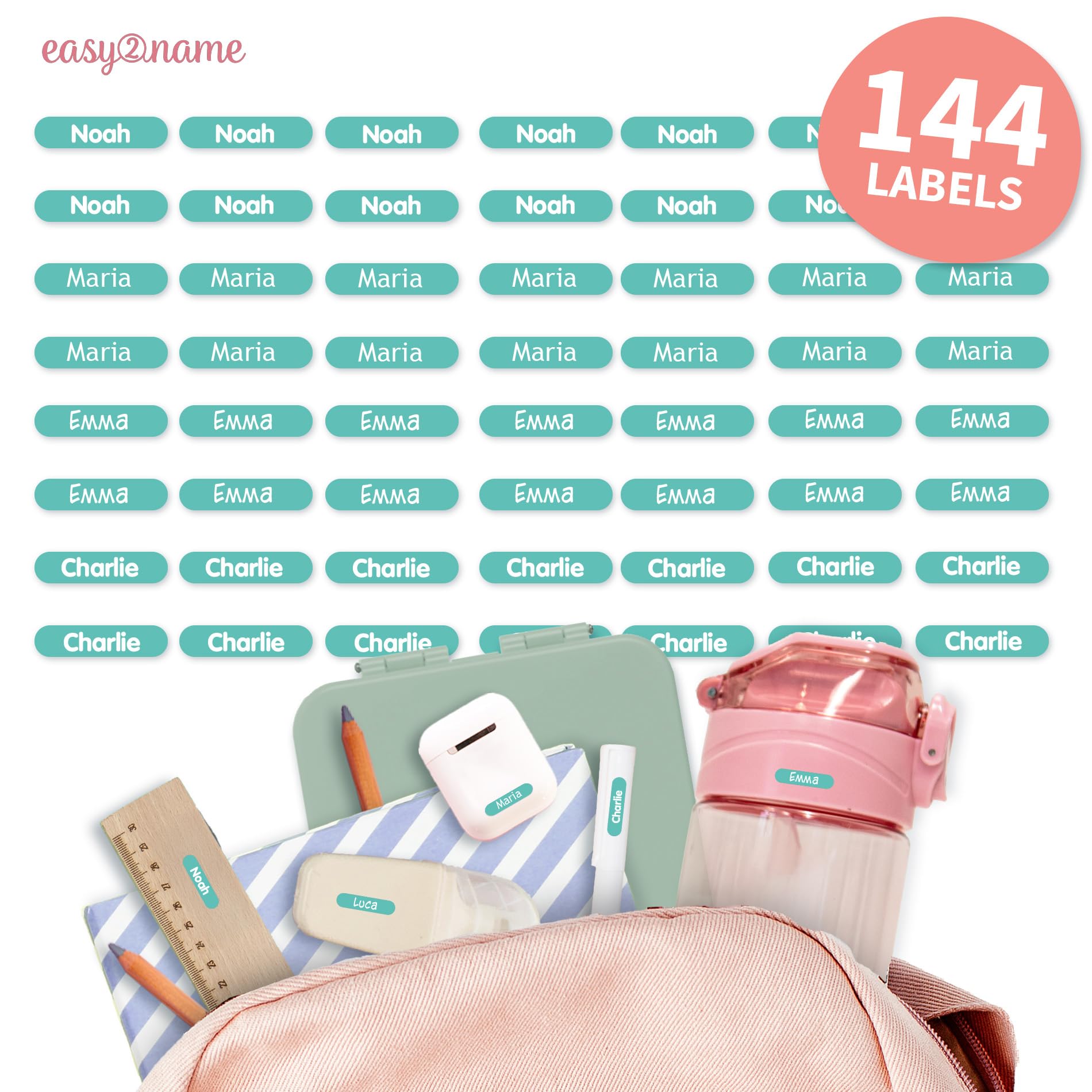 Easy2Name - Personalised mini XS Name Labels - Waterproof Name Stickers for Children and Adults - Ideal as Name Stickers in The Office, Workshop or School - 20x4mm - Coloured (Turquoise, 144)