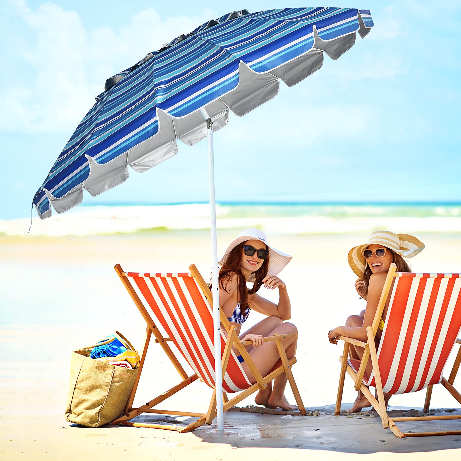GOPLUS Strandschirm, Sonnenschirm um 30° knickbar, Gartenschirm UV 50+, Tischschirm mit Bodenhülse, Marktschirm Terrassenschirm, inkl. Schutzhülle, 8 Rippen Fiberglas