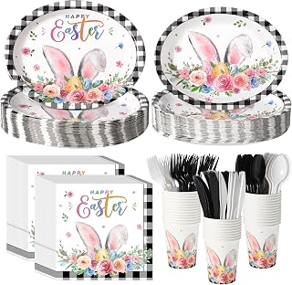 Havawish 350 Pcs Easter Bunny Party Supplies Happy Easter Disposable Tableware Set Buffalo Plaids Eggs Bunny Oval Paper Plates Cups Napkins Fork Knife Spoon for Spring Holiday Party Dinner Table Decor