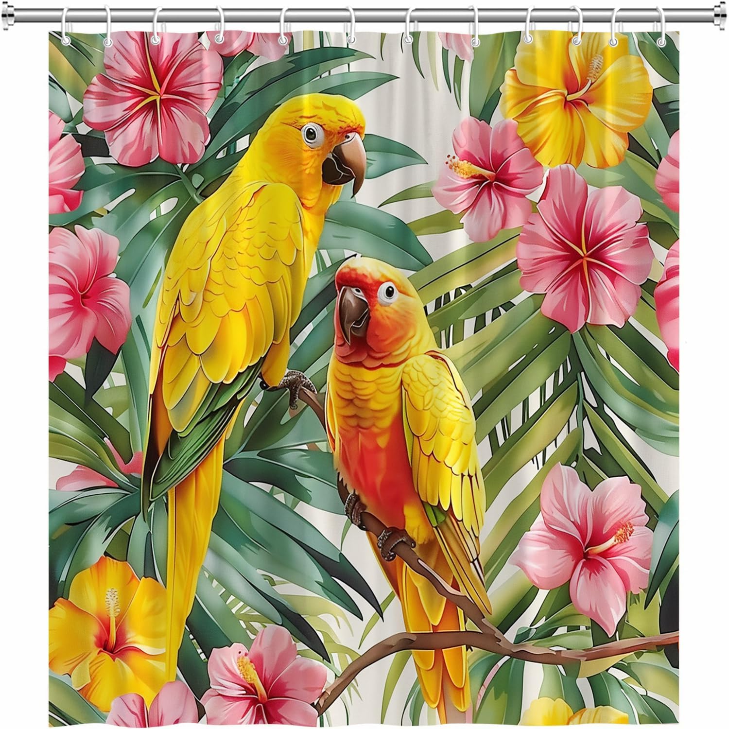 Parrot Shower Curtain Tropical Green Leaves Rainforest Beautiful Bird Jungle Floral Flower Spring Summer Plant Botanical Decor Bathroom Accessories Decor Set with Hooks 106Wx70H Inch