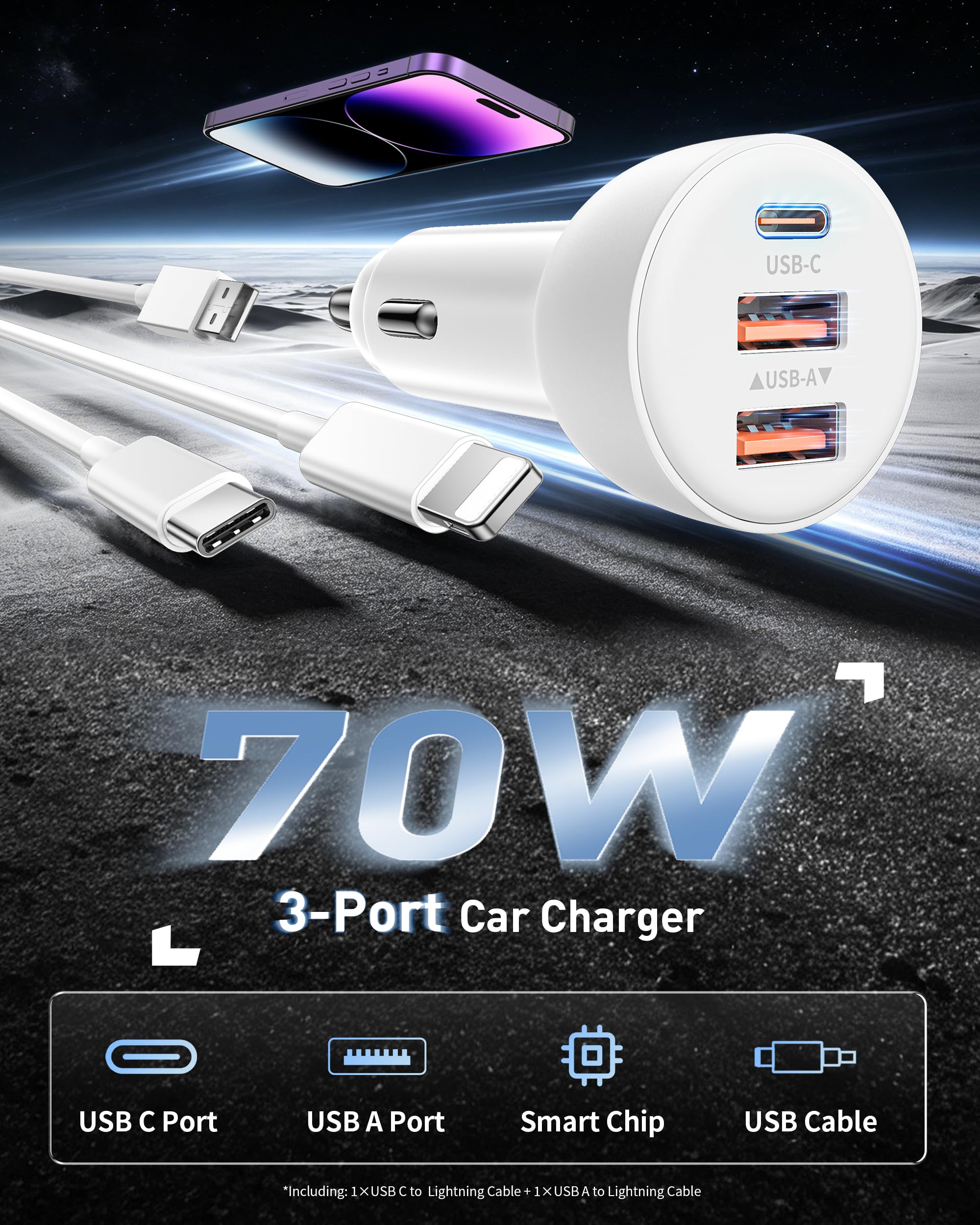 Caricabatterie da auto veloce a 3 porte da 70 W per iPhone 14 13 12 11 Pro Max Plus Mini SE XR XS X 8 7 6, iPad, confezione da 2 cavi USB Carplay e cavo di ricarica Lightnings e adattatore per