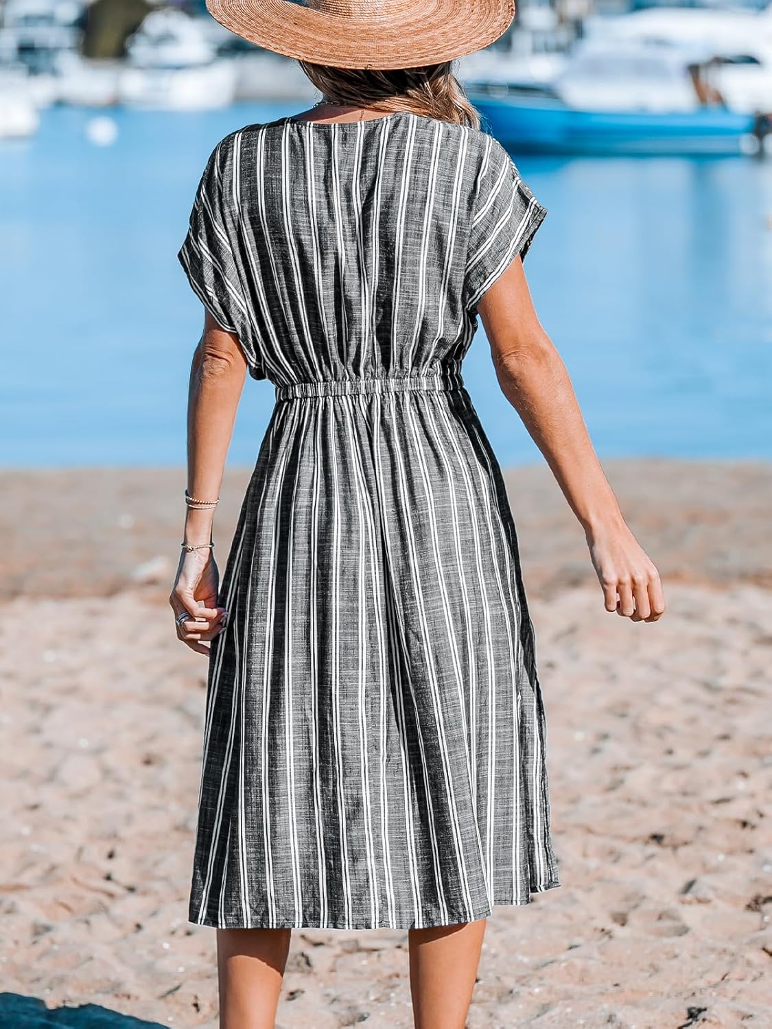 CUPSHE Women Beach Cover Up V Neck Short Sleeve Striped Midi Swimsuit Coverup Dress XS-XXL - Image 3