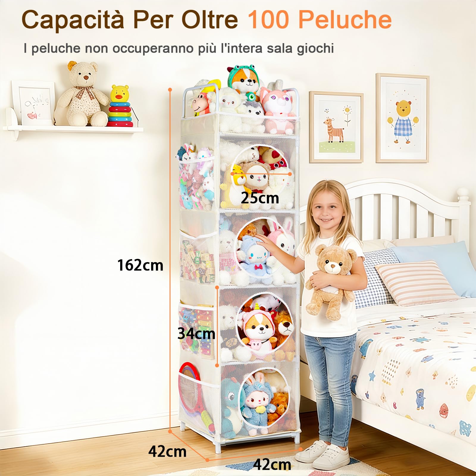 Porta Peluche, 42x42x162cm Porta Giochi Bambini, 5 Ripiani & 8 Tasche Laterali, Contenitore Giochi Bambini (Beige)