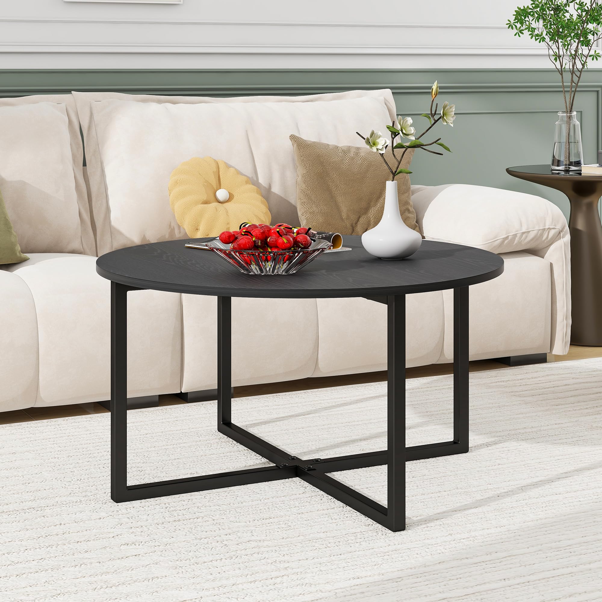 HOMERECOMMEND Round Coffee Table Nesting Tables for Living Room Tea Desk with Black Metal Legs Tea Table Balcony