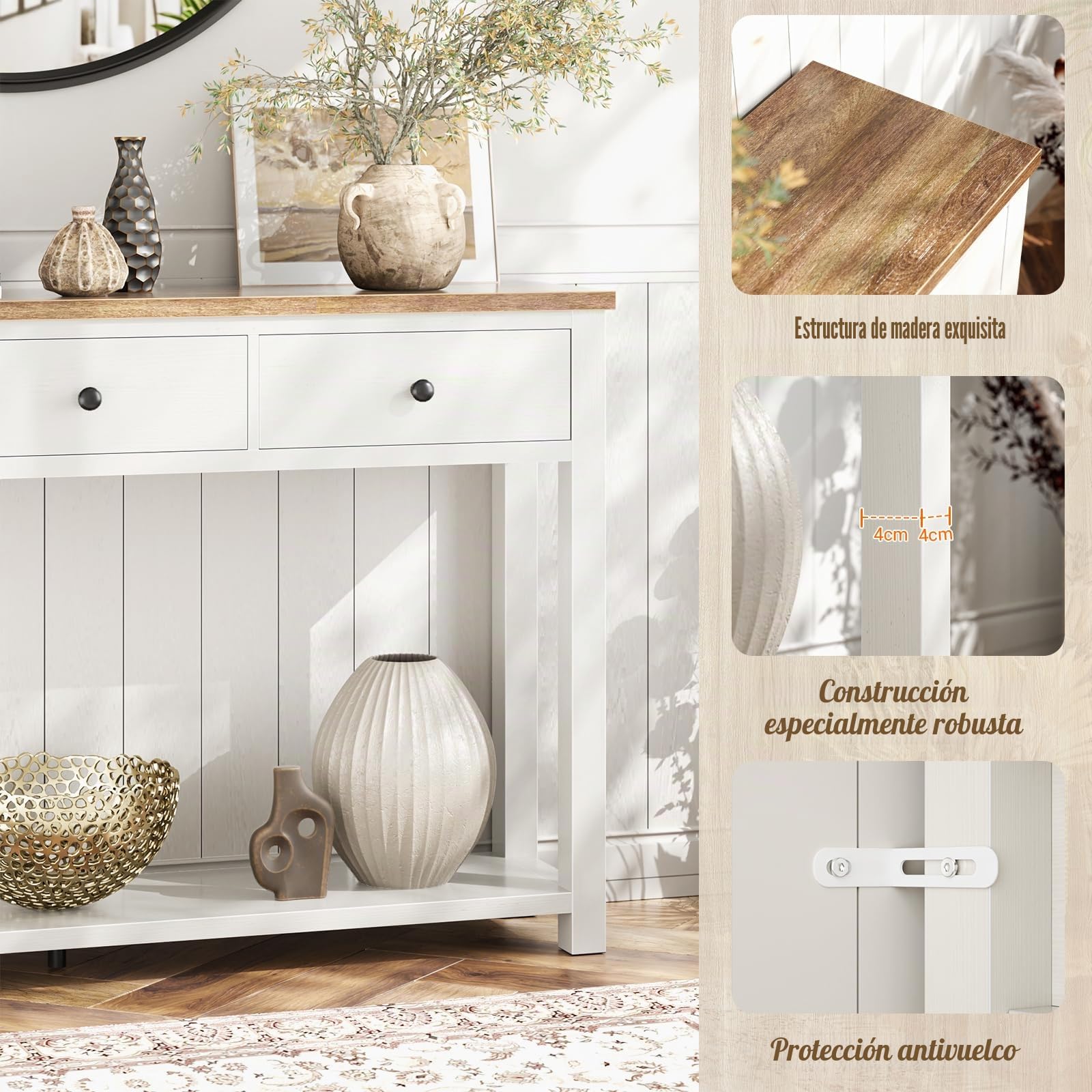 iSunirm - Mesa de consola de granja con 3 cajones de madera de 120 cm de ancho con compartimento de almacenamiento para sala de estar, detrás del sofá, mesa de pasillo para entrada, salón o entrada